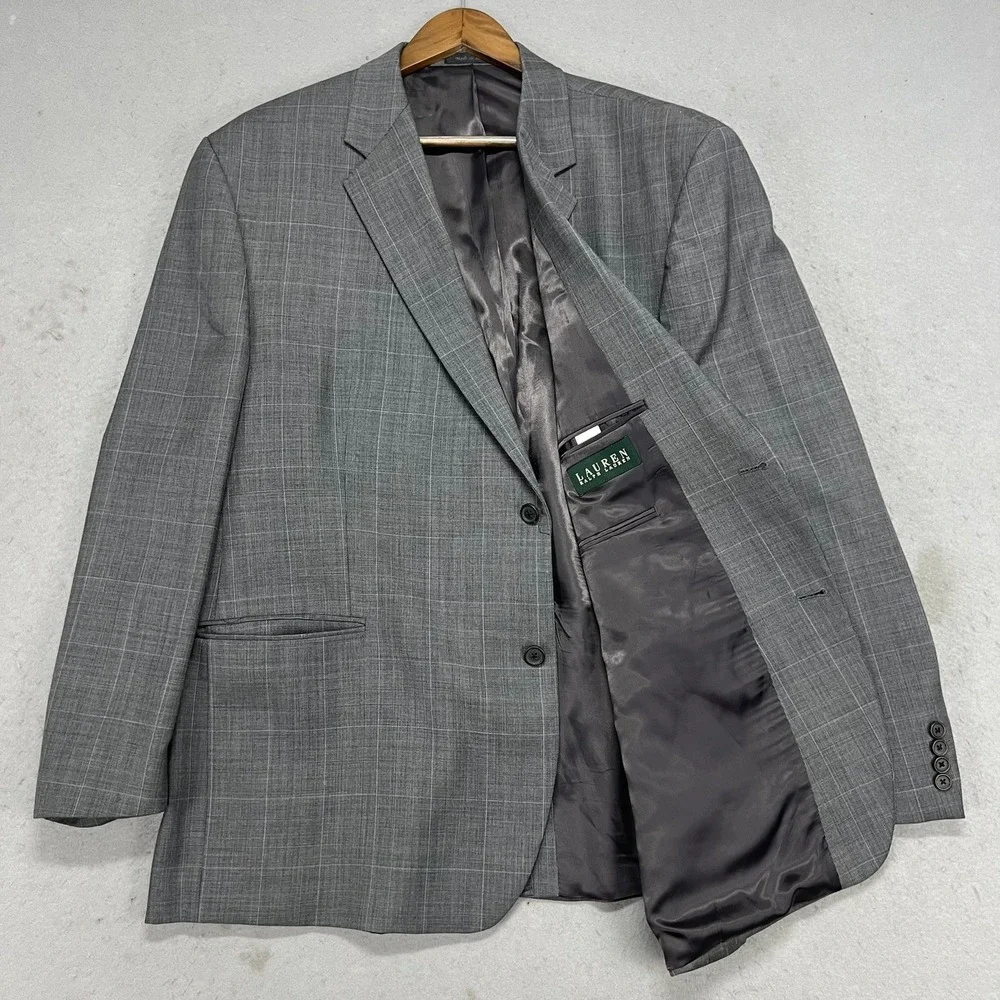 Lauren Ralph Lauren Mens 50R Grey Glen Plaid 100% Wool 2 Button Jacket Blazer